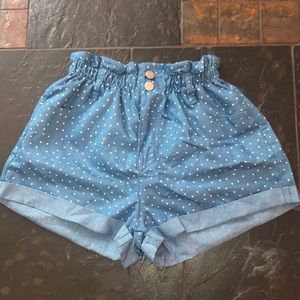 Star print paper-bag high waisted denim shorts